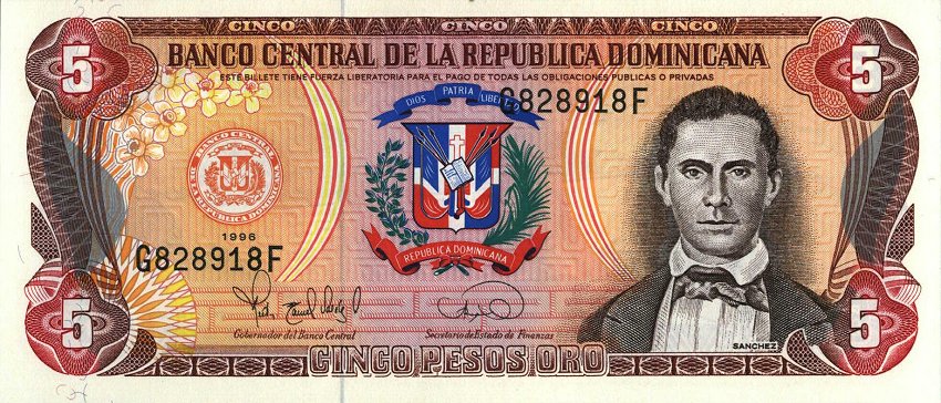 Front of Dominican Republic p152a: 5 Pesos Oro from 1996