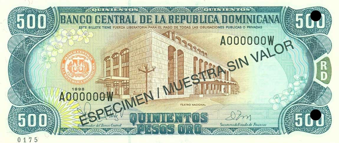 Front of Dominican Republic p157s3: 500 Pesos Oro from 1998