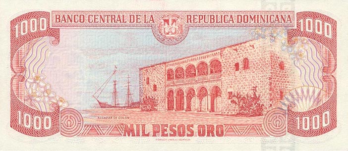 Back of Dominican Republic p158a: 1000 Pesos Oro from 1996