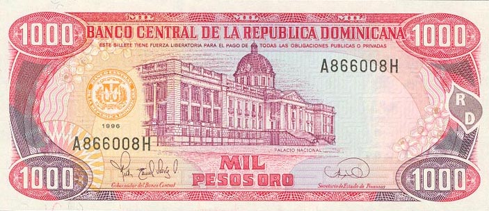 Front of Dominican Republic p158a: 1000 Pesos Oro from 1996