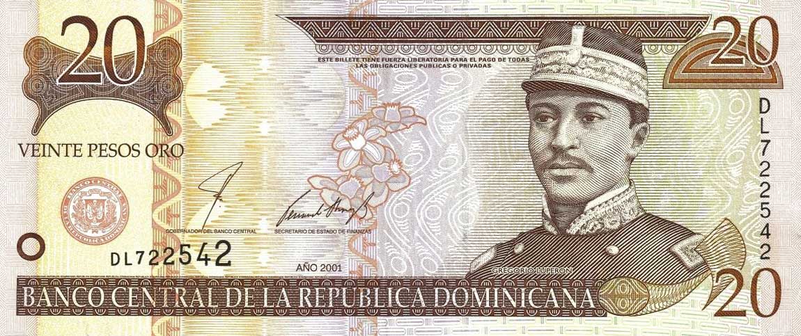 Front of Dominican Republic p166b: 20 Pesos Oro from 2001