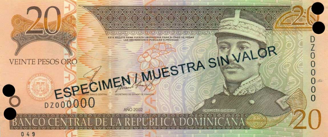 Front of Dominican Republic p169s2: 20 Pesos Oro from 2002