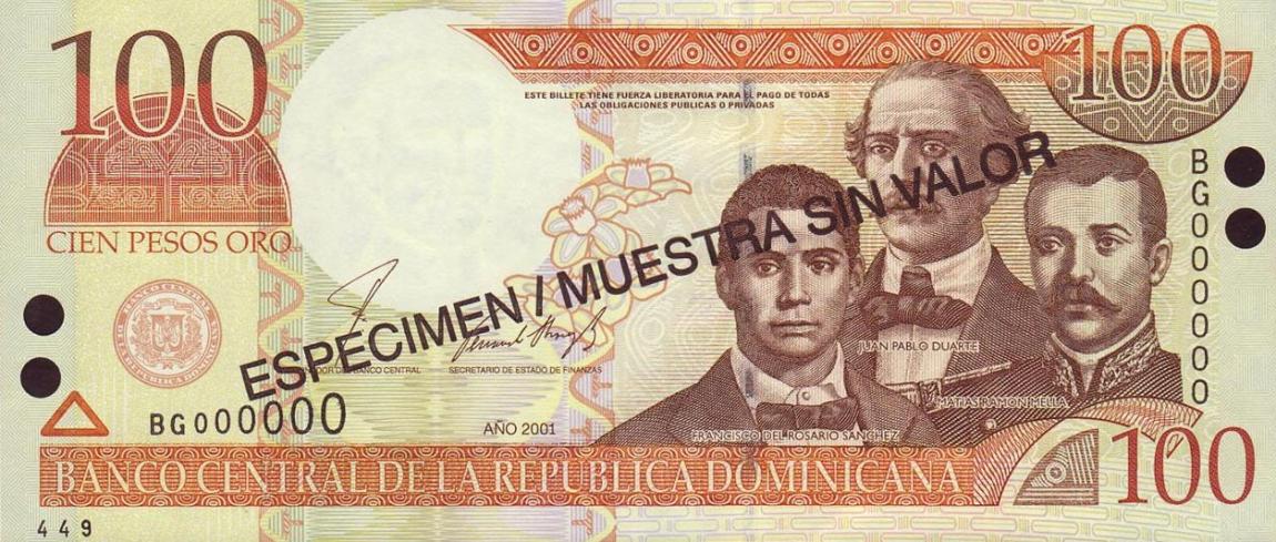 Front of Dominican Republic p171s1: 100 Pesos Oro from 2001