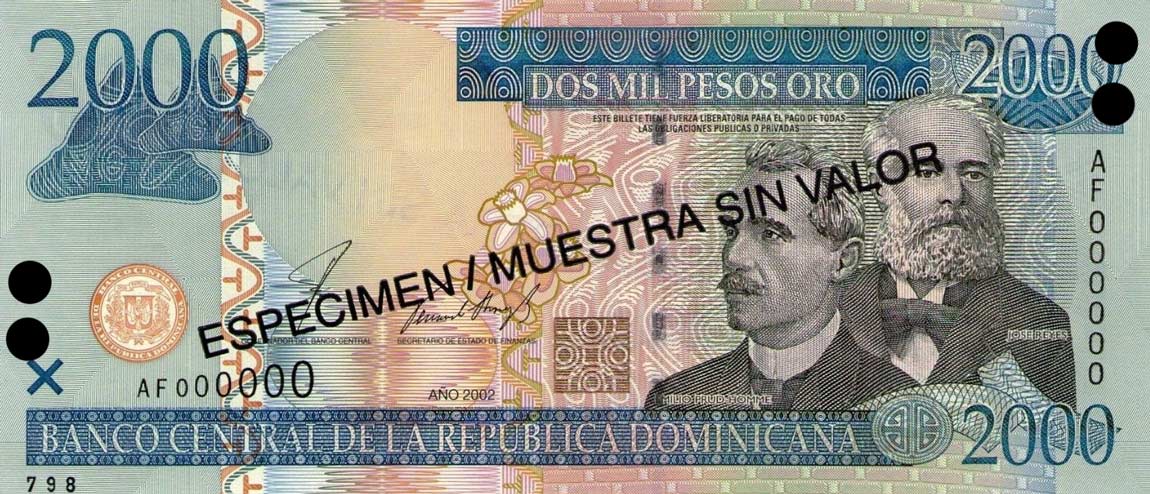 Front of Dominican Republic p174s1: 2000 Pesos Oro from 2002