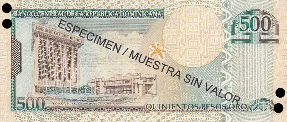 Back of Dominican Republic p179s2: 500 Pesos Oro from 2009