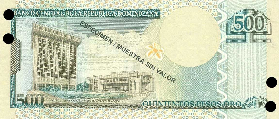 Back of Dominican Republic p179s3: 500 Pesos Oro from 2010