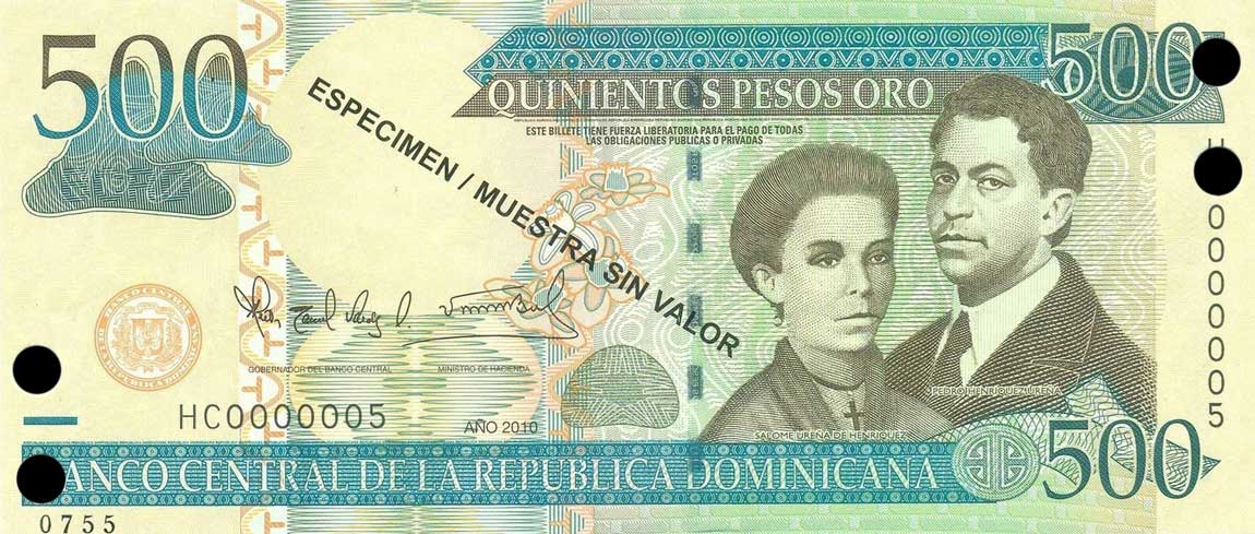 Front of Dominican Republic p179s3: 500 Pesos Oro from 2010
