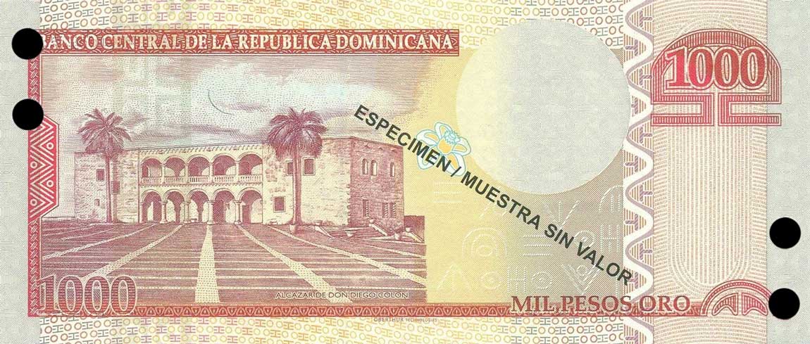 Back of Dominican Republic p180s3: 1000 Pesos Oro from 2010
