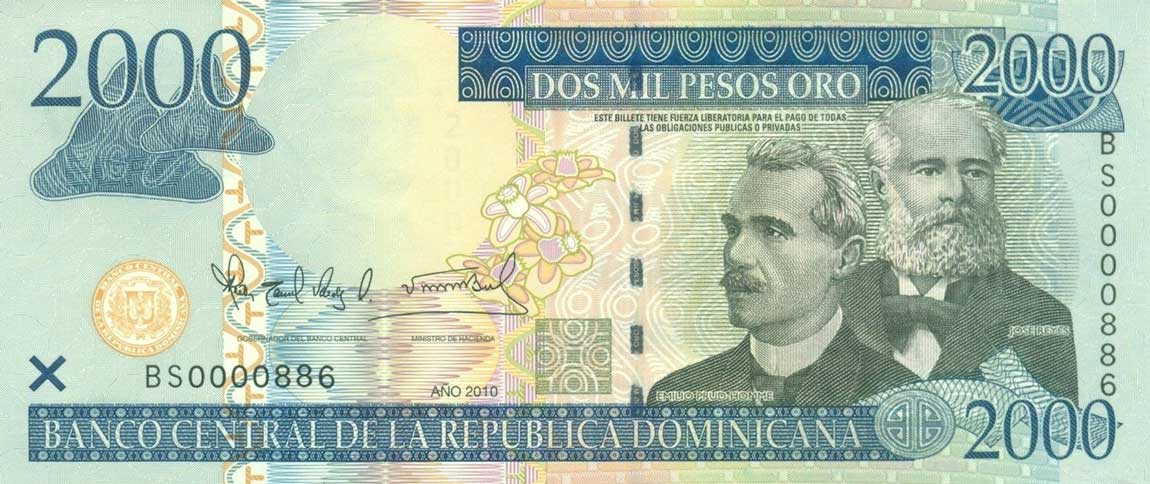 Front of Dominican Republic p181c: 2000 Pesos Oro from 2010