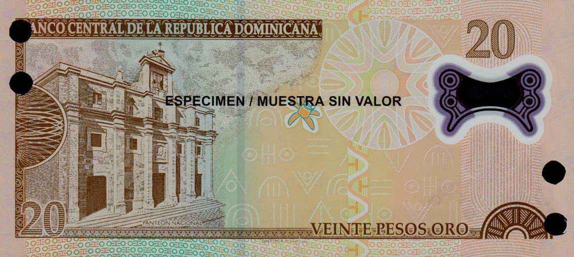 Back of Dominican Republic p182s: 20 Pesos Oro from 2009