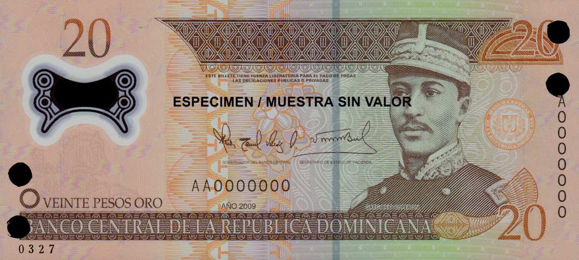 Front of Dominican Republic p182s: 20 Pesos Oro from 2009