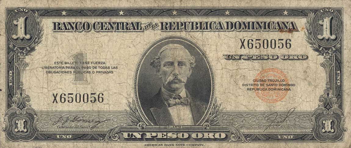 Front of Dominican Republic p60b: 1 Peso Oro from 1947
