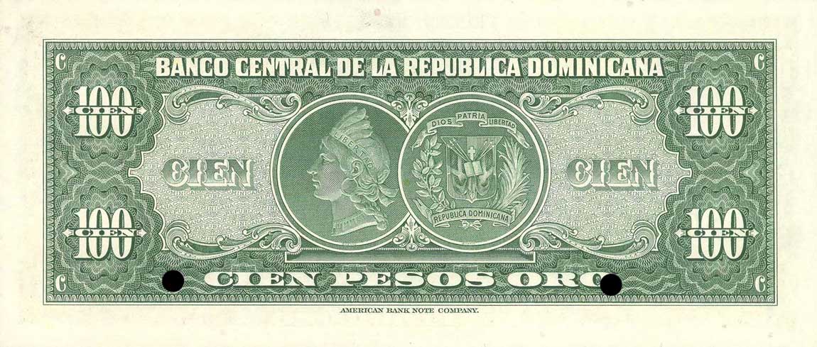 Back of Dominican Republic p65s: 100 Pesos Oro from 1947