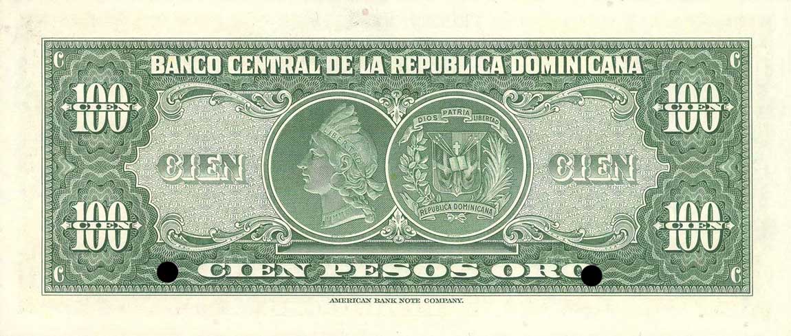 Back of Dominican Republic p65s: 100 Pesos Oro from 1947
