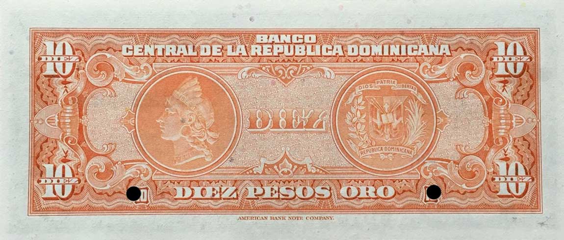 Back of Dominican Republic p73s: 10 Pesos Oro from 1956