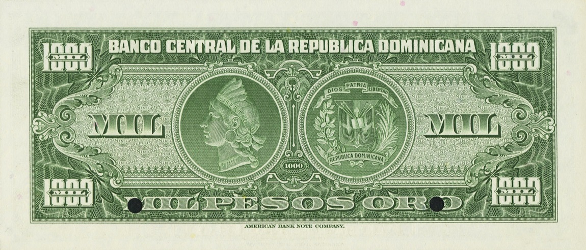 Back of Dominican Republic p78s: 1000 Pesos Oro from 1956