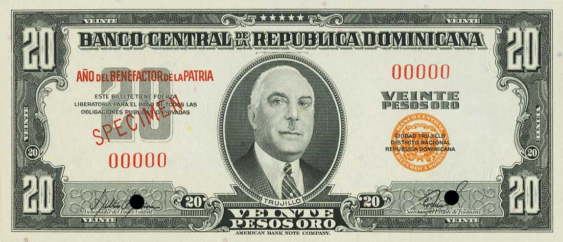 Front of Dominican Republic p79s: 20 Pesos Oro from 1956