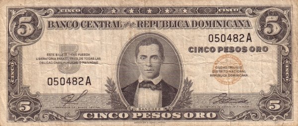 Front of Dominican Republic p81: 5 Pesos Oro from 1959