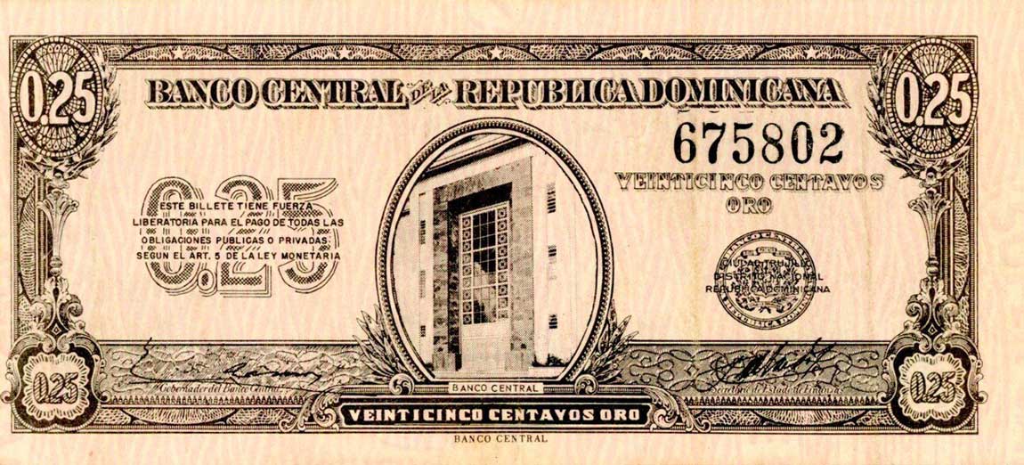Front of Dominican Republic p88a: 25 Centavos Oro from 1961