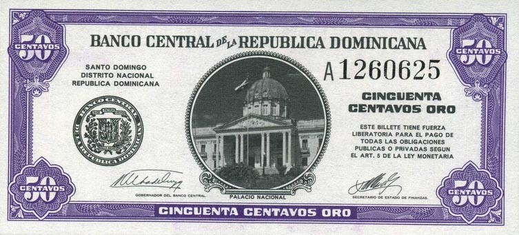 Front of Dominican Republic p89a: 50 Centavos Oro from 1961