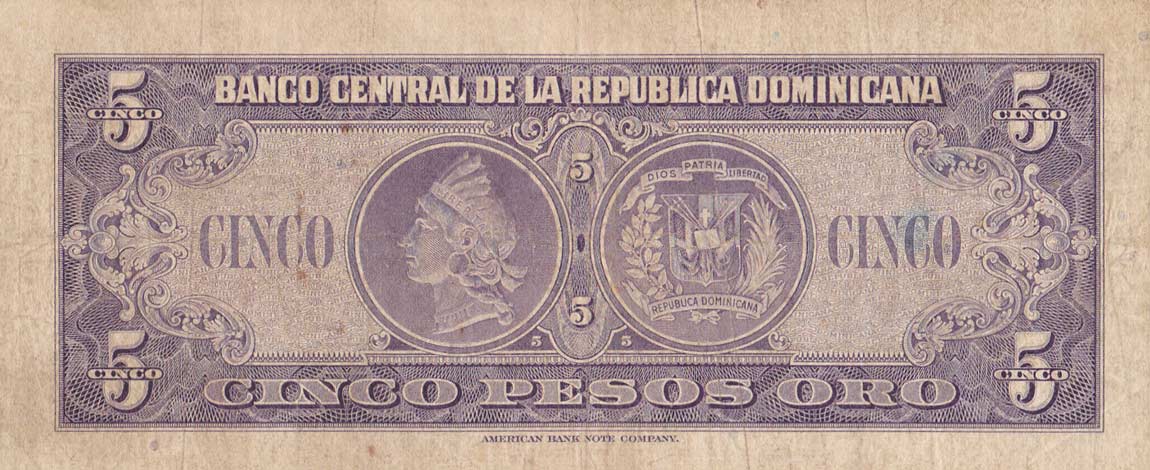 Back of Dominican Republic p92a: 5 Pesos Oro from 1962