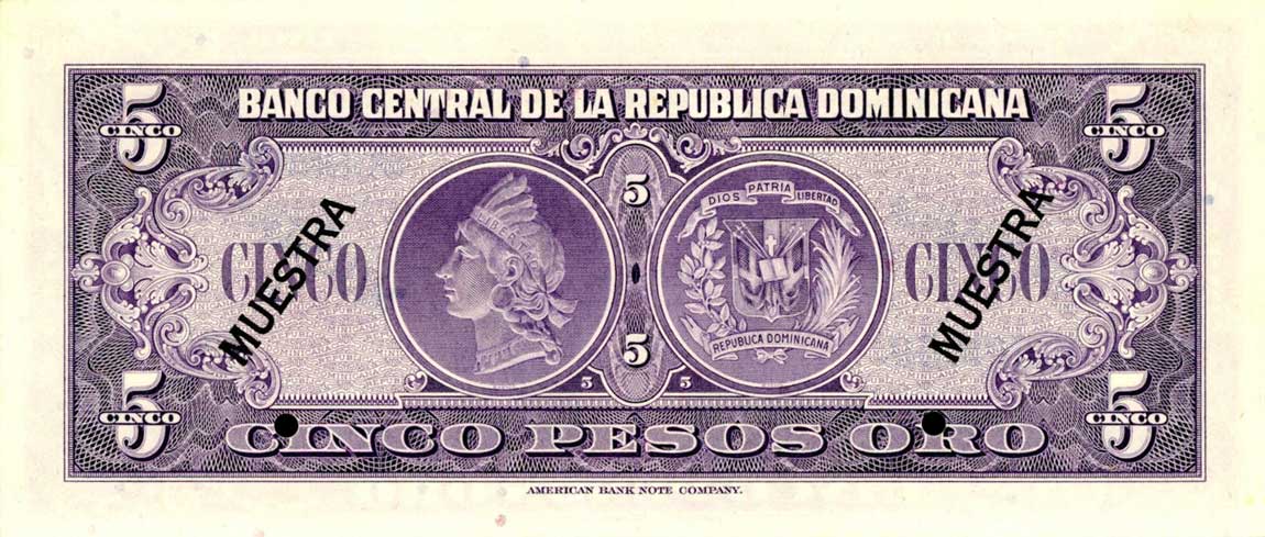 Back of Dominican Republic p92s: 5 Pesos Oro from 1962