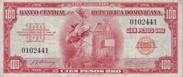 Front of Dominican Republic p96a: 100 Pesos Oro from 1962