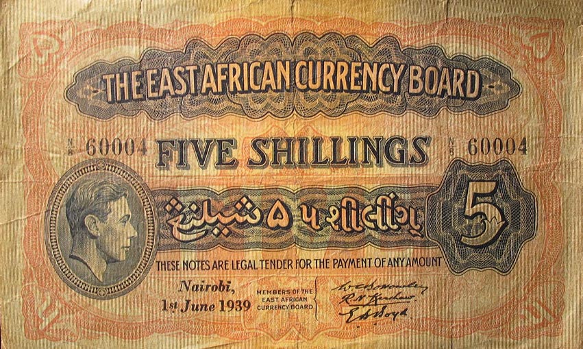 Front of East Africa p26Aa: 5 Shillings from 1939