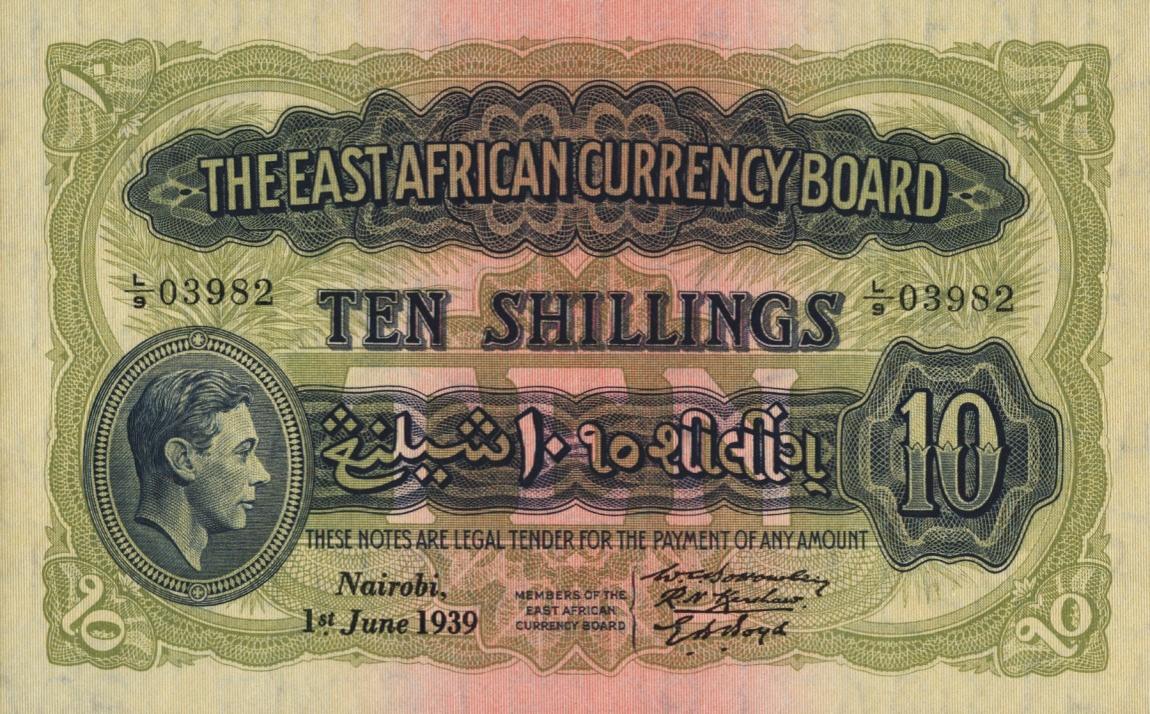 Front of East Africa p26Ba: 10 Shillings from 1939