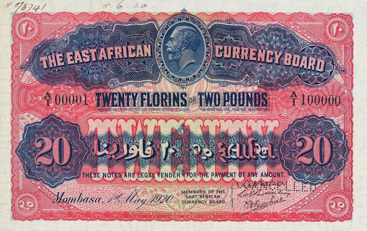 Front of East Africa p11s: 20 Florin from 1920