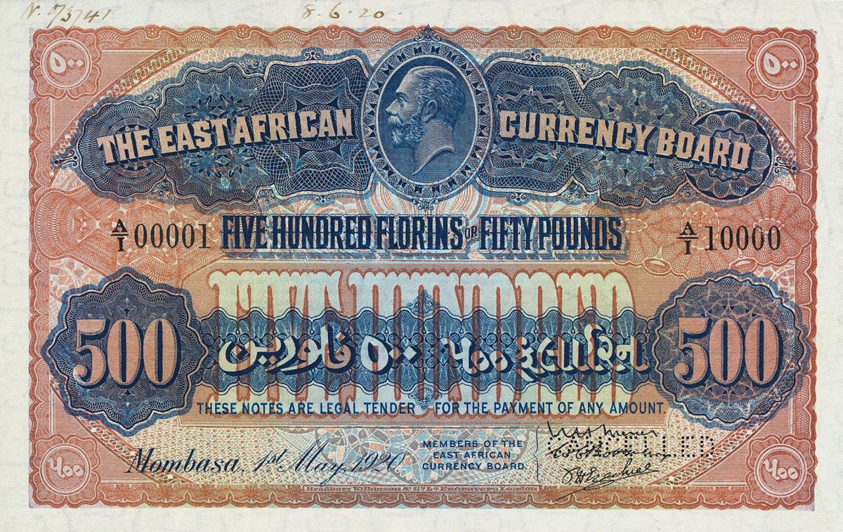 Front of East Africa p12Bs: 500 Florin from 1920