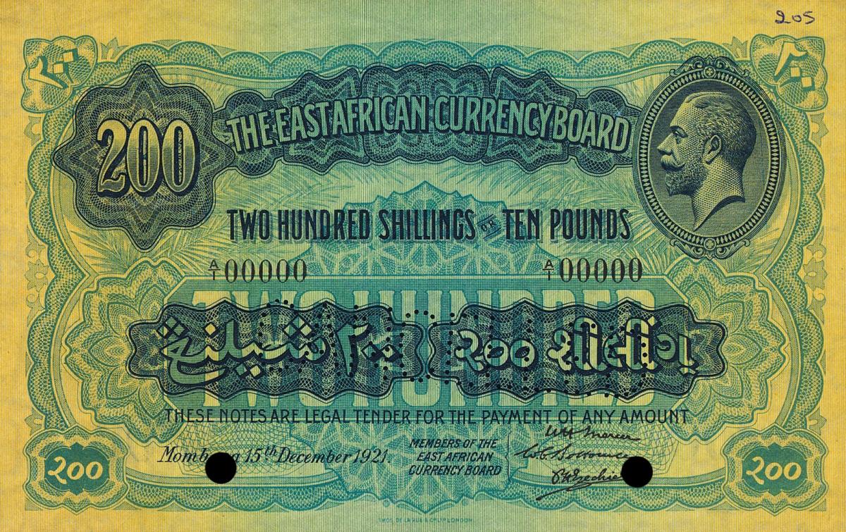 Front of East Africa p17s: 200 Shillings from 1921