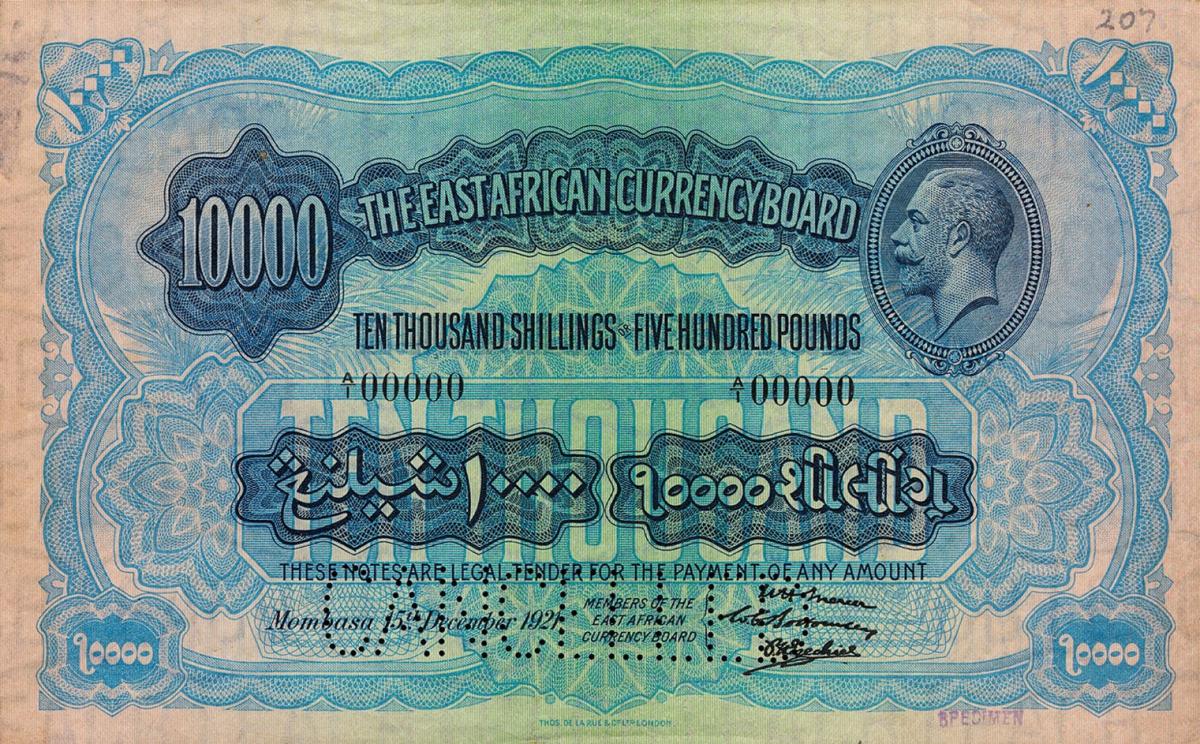 Front of East Africa p19s: 10000 Shillings from 1921