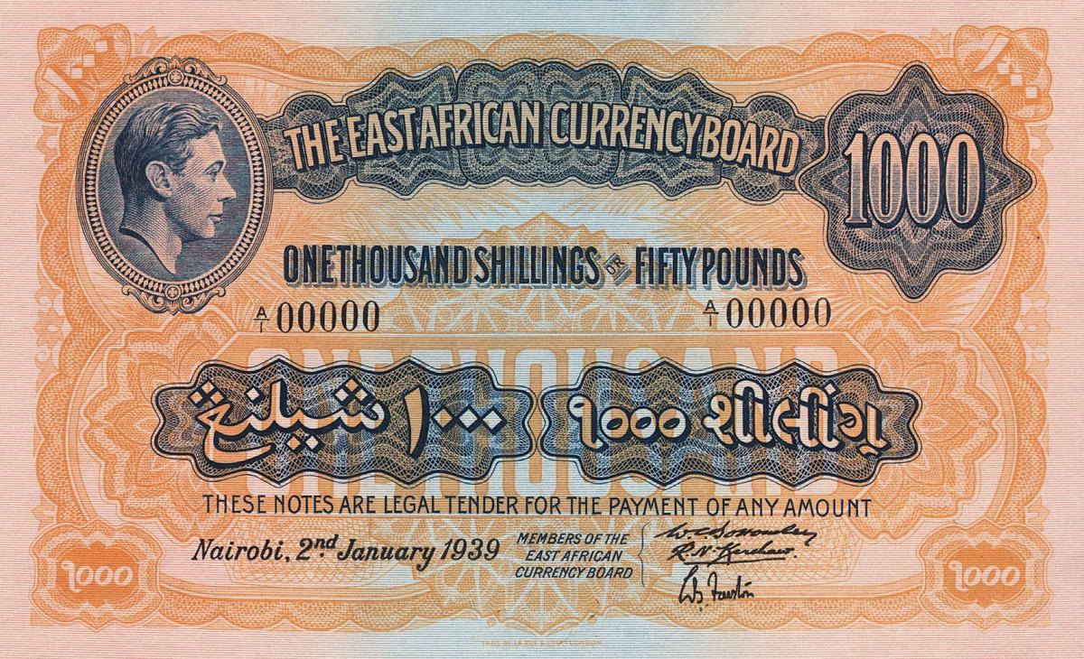 Front of East Africa p31B: 1000 Shillings from 1939