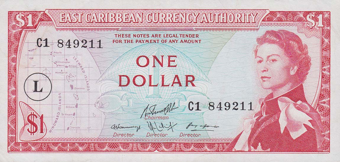 Front of East Caribbean States p13l: 1 Dollar from 1965
