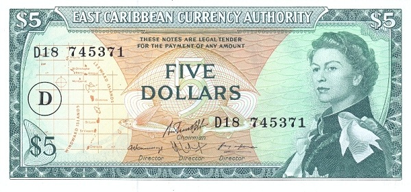 Front of East Caribbean States p14j: 5 Dollars from 1965