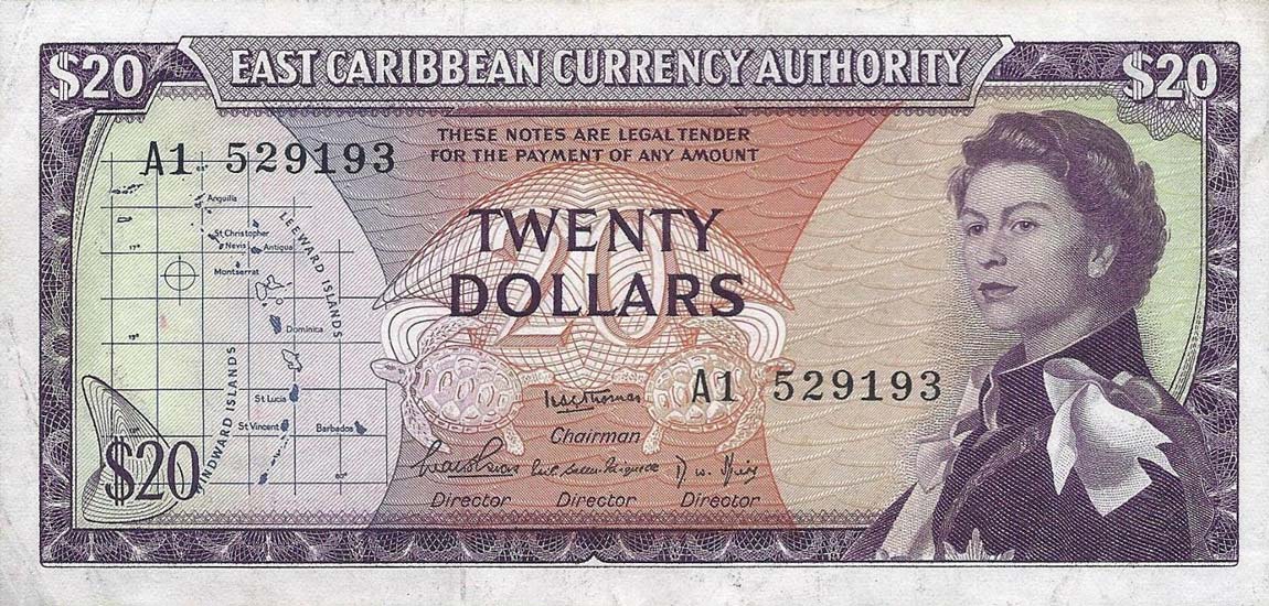 Front of East Caribbean States p15a: 20 Dollars from 1965