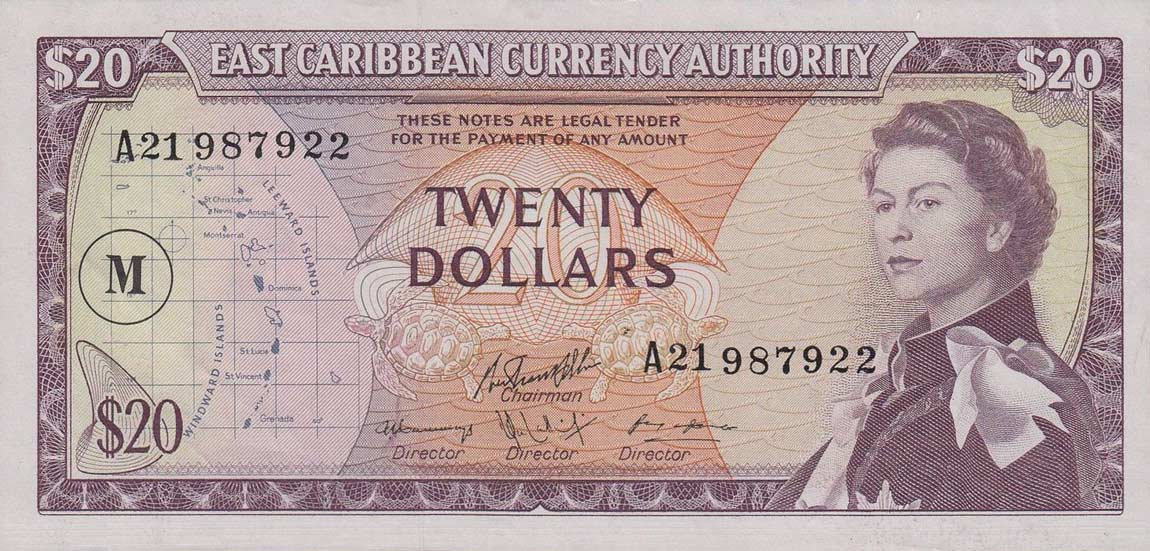 Front of East Caribbean States p15m: 20 Dollars from 1965