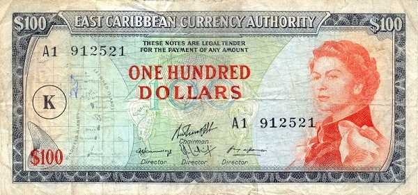 Front of East Caribbean States p16j: 100 Dollars from 1965