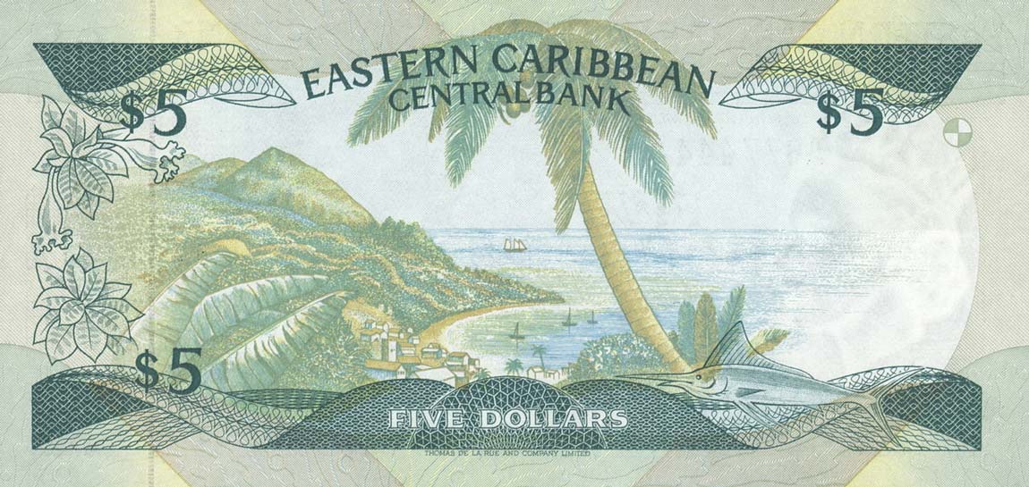 Back of East Caribbean States p18a: 5 Dollars from 1986
