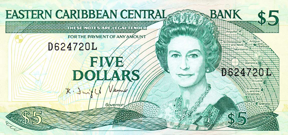 Front of East Caribbean States p22l2: 5 Dollars from 1988