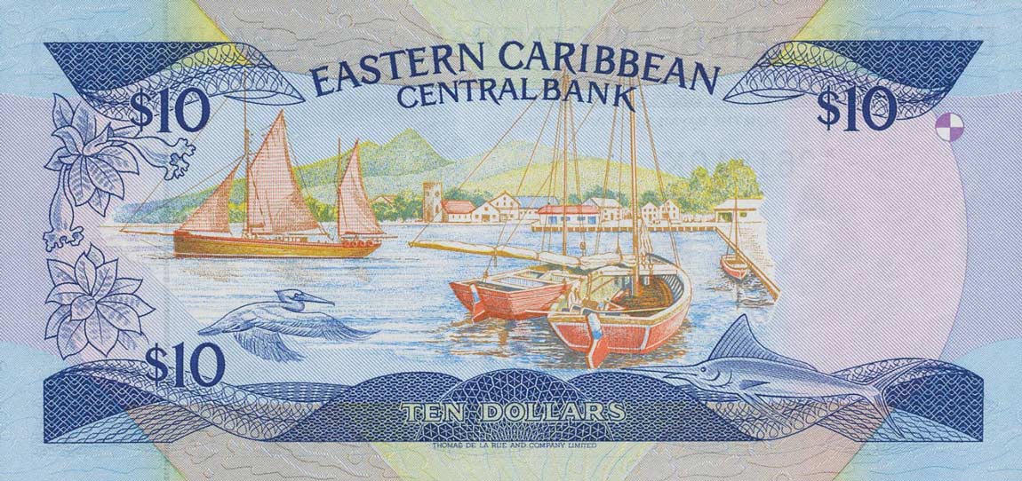 Back of East Caribbean States p23k1: 10 Dollars from 1985