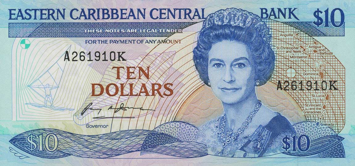Front of East Caribbean States p23k1: 10 Dollars from 1985
