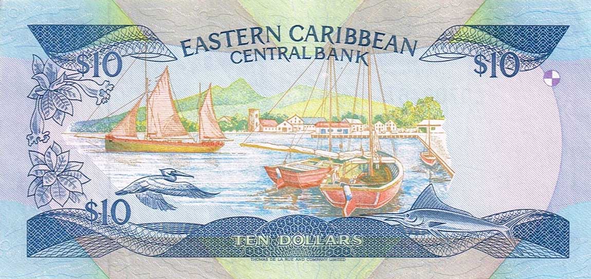 Back of East Caribbean States p23l2: 10 Dollars from 1985
