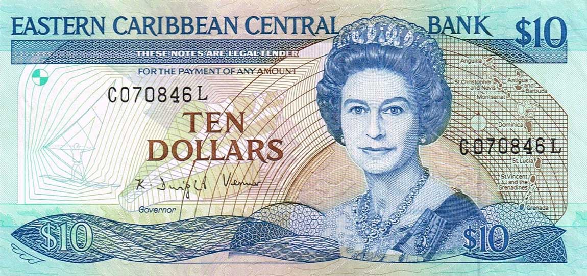 Front of East Caribbean States p23l2: 10 Dollars from 1985