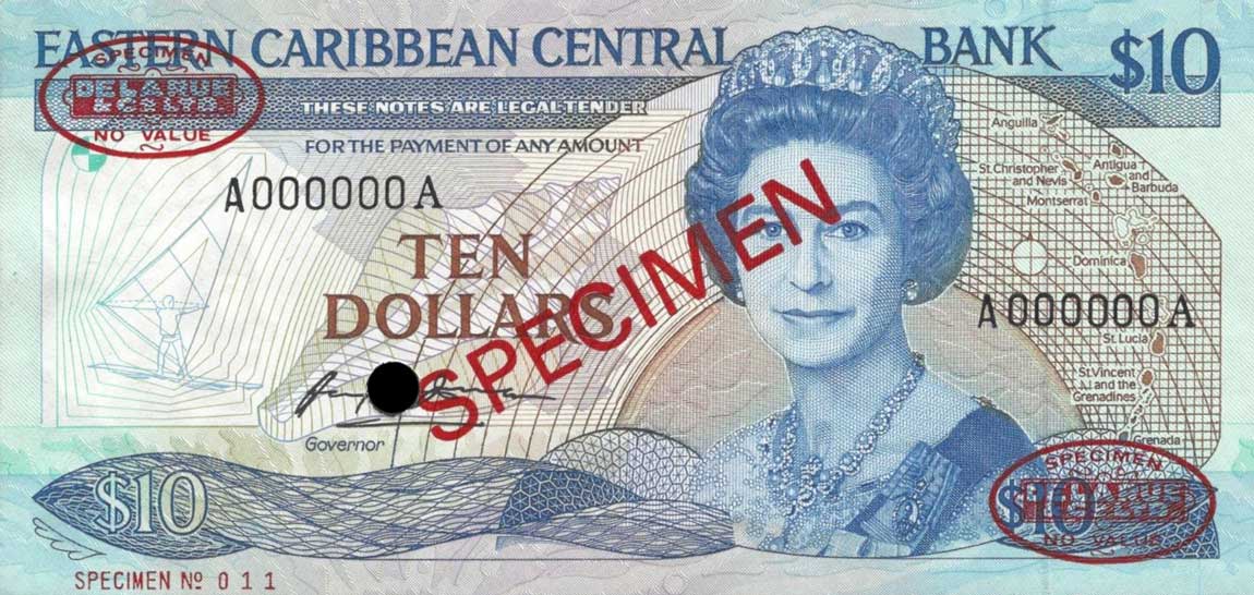 Front of East Caribbean States p23s: 10 Dollars from 1985
