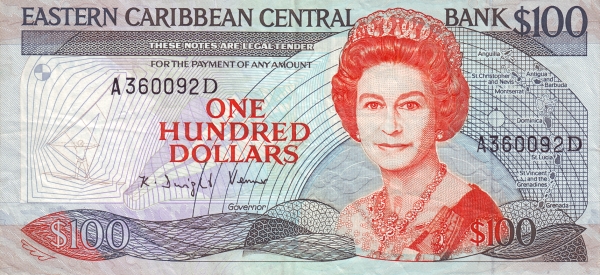 Front of East Caribbean States p25d2: 100 Dollars from 1988