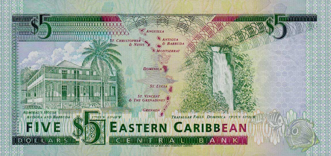 Back of East Caribbean States p26l: 5 Dollars from 1993