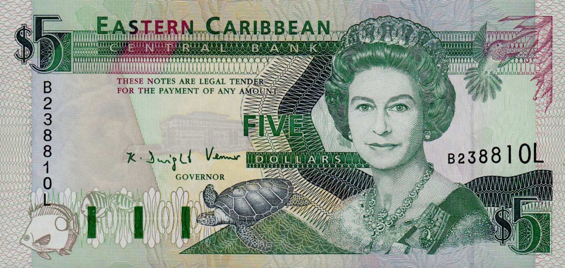 Front of East Caribbean States p26l: 5 Dollars from 1993