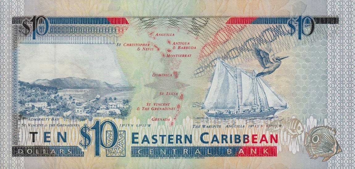 Back of East Caribbean States p27g: 10 Dollars from 1993